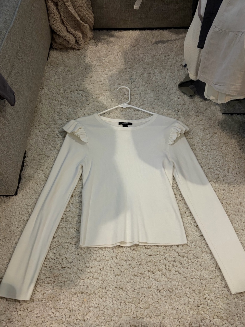Forever 21 Cream Ruffle Shoulder Long Sleeve Top